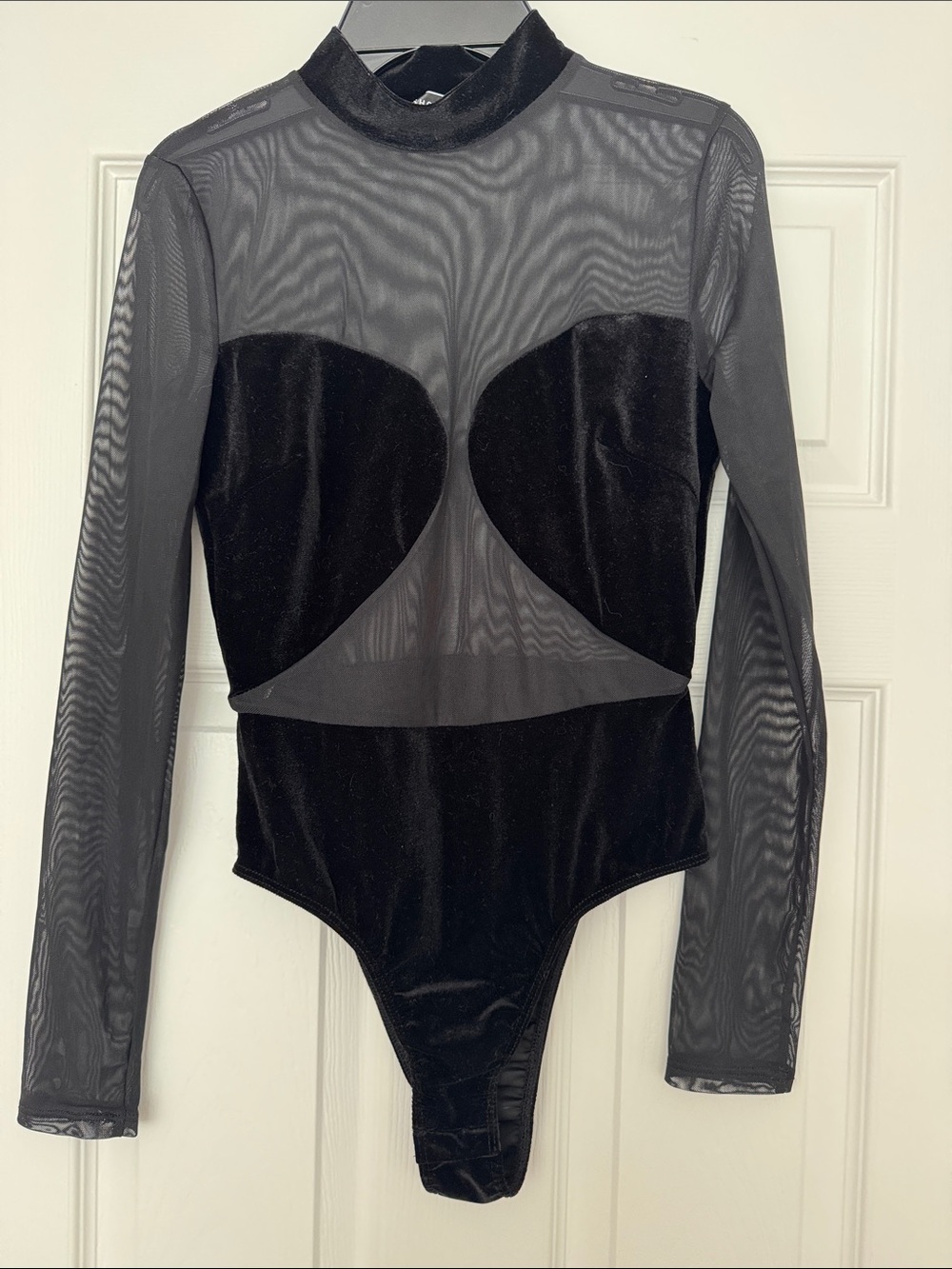 Sheer Mesh & Velvet Long-Sleeve Bodysuit - Black